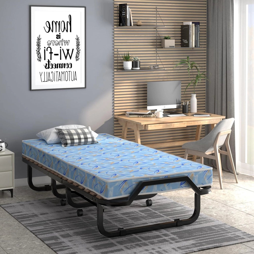 Letto Pieghevole 90 x 200 cm per Adulti e Ospiti, Con Materasso, 4 Ruote e Rete a Doghe - Singolo da Viaggio
