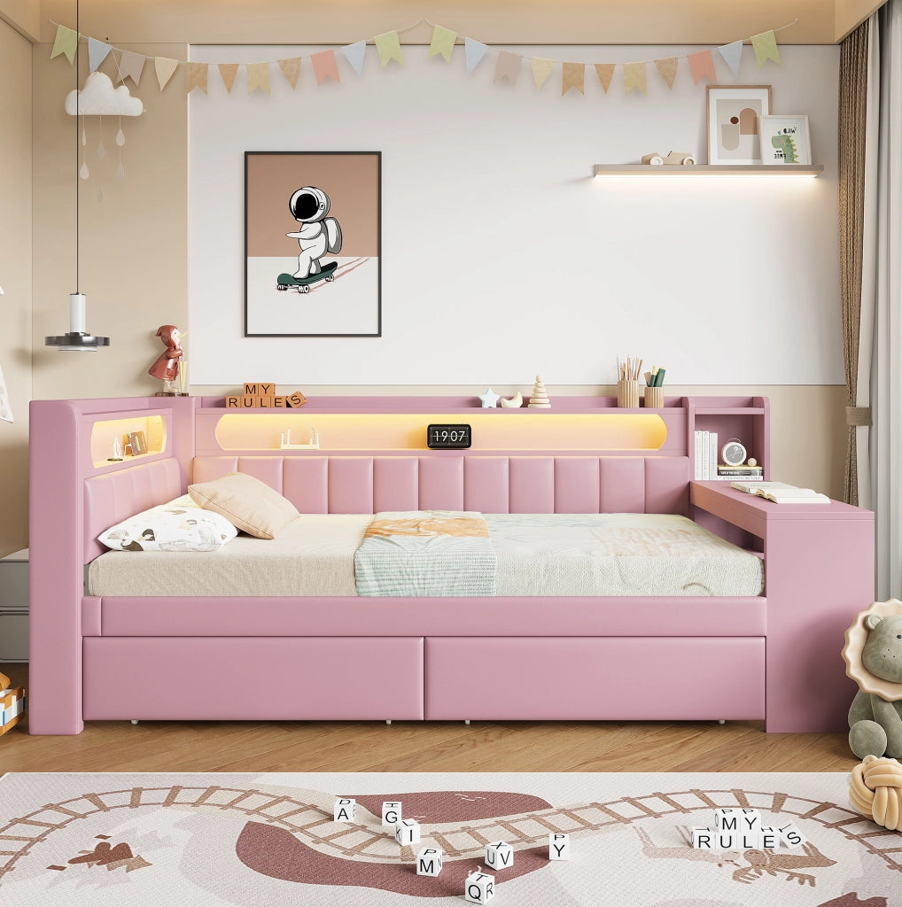 Letto da giorno imbottito rosa 90x200 cm con LED, USB, scrivania e 2 cassetti