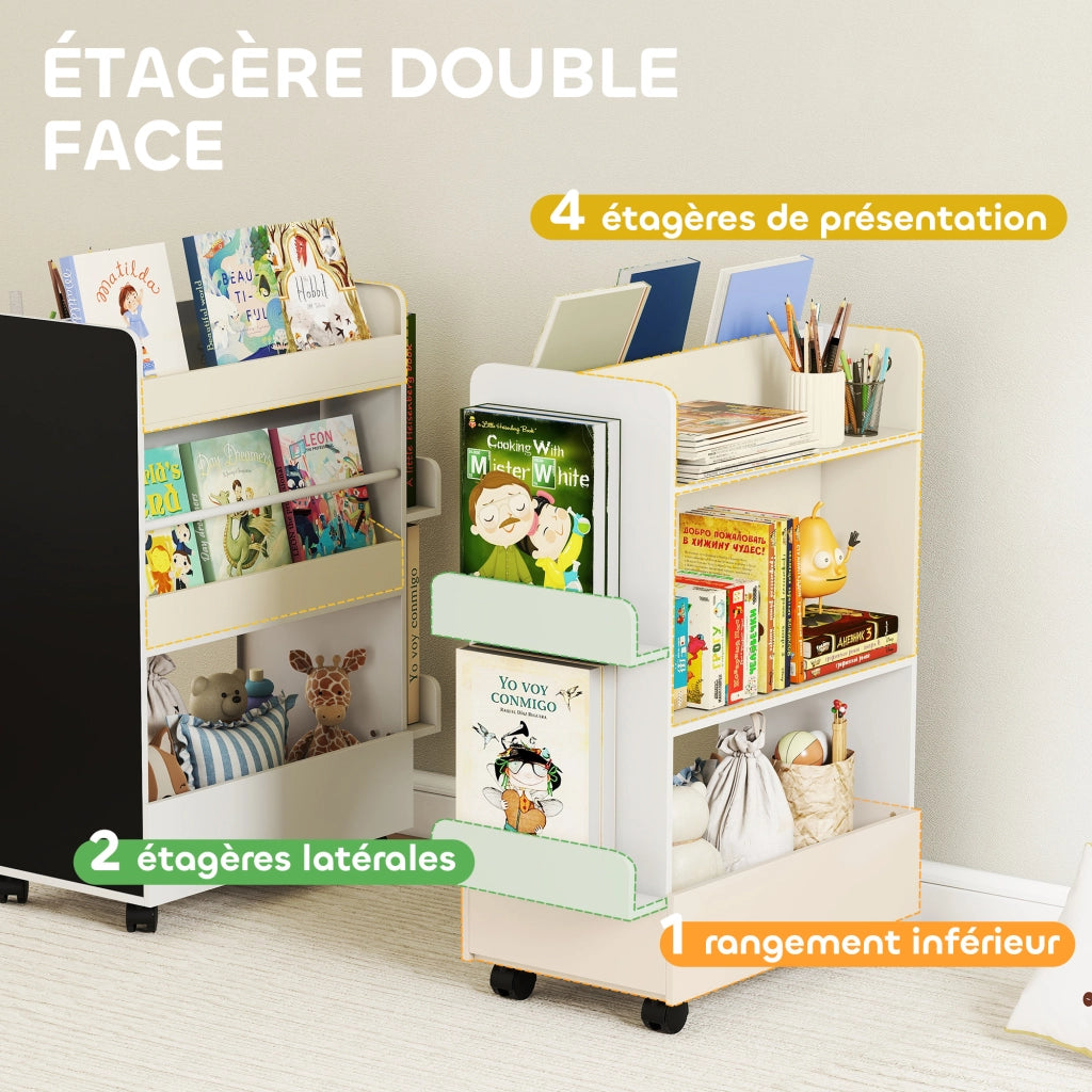 Libreria per bambini con rotelle e lavagna ¨C zephmum ¨C bianco 66,5x32,5x86,5cm