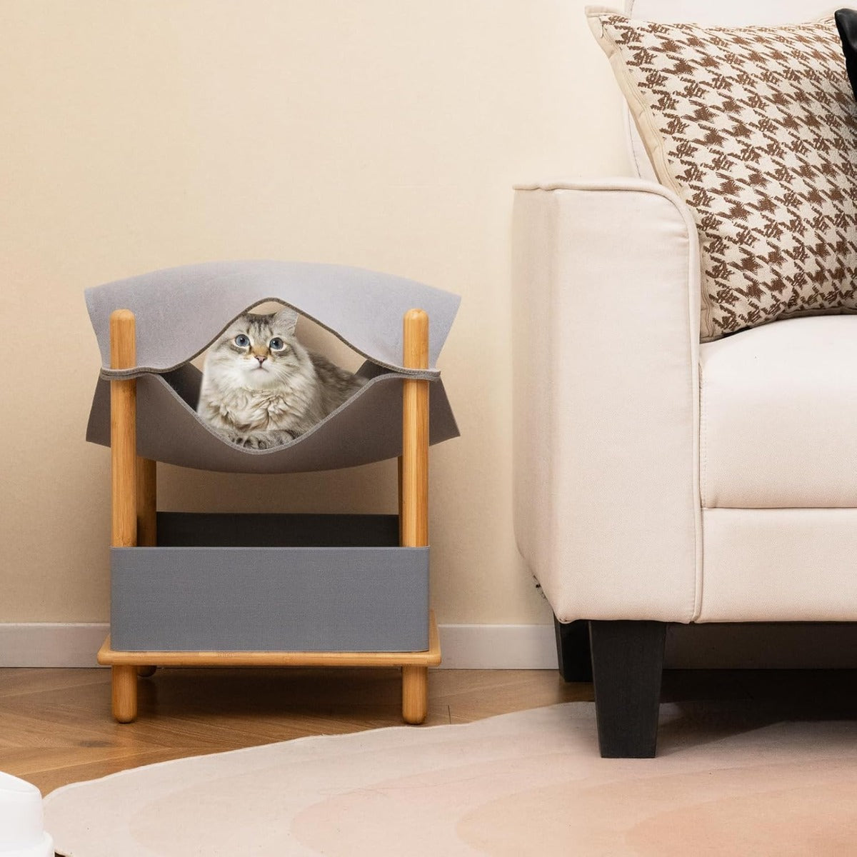 Casetta per gatti a 2 piani in legno e spazio di archiviazione-Casetta per gatti per gatti con condo semi-aperto Naturale + Grigio