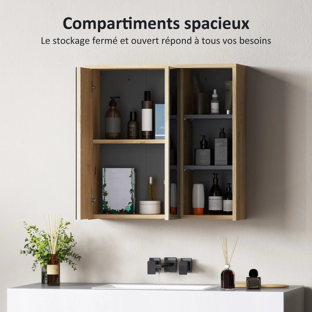 Armadio da bagno con specchio e ripiani aperti ¨C zephmum ¨C legno naturale 60x20x60 cm