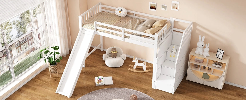 Letto a soppalco per bambini 90 × 200 cm con scivolo, scala contenitore, certificato EN747, senza materasso, bianco