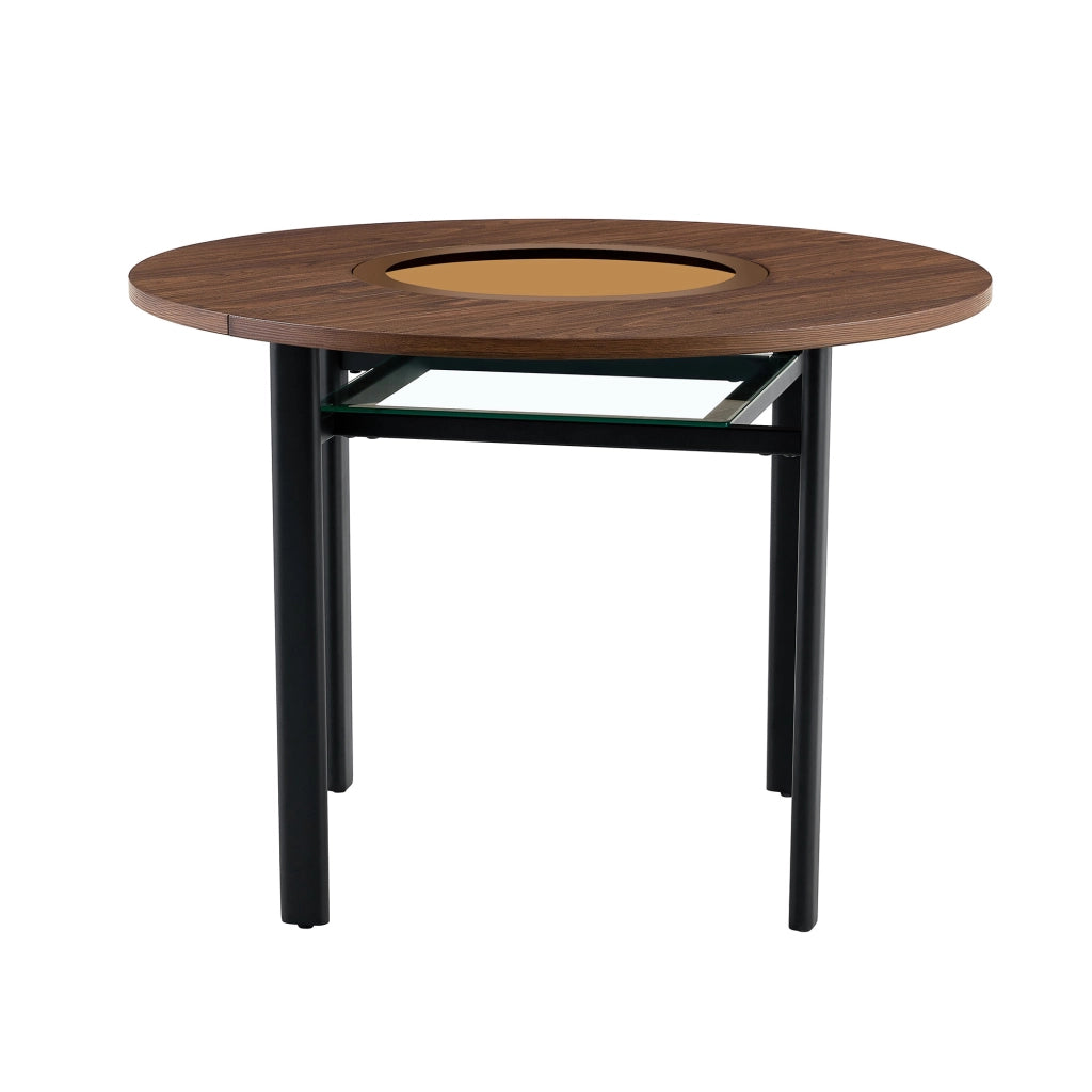 Tavolo da pranzo rotondo 100 cm in MDF marrone, vetro e metallo