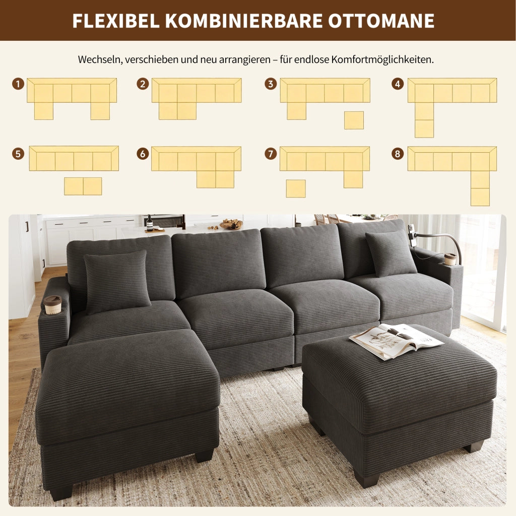 DIVANO MODULARE ANGOLARE 275,5x139x87 cm in velluto a coste grigio
