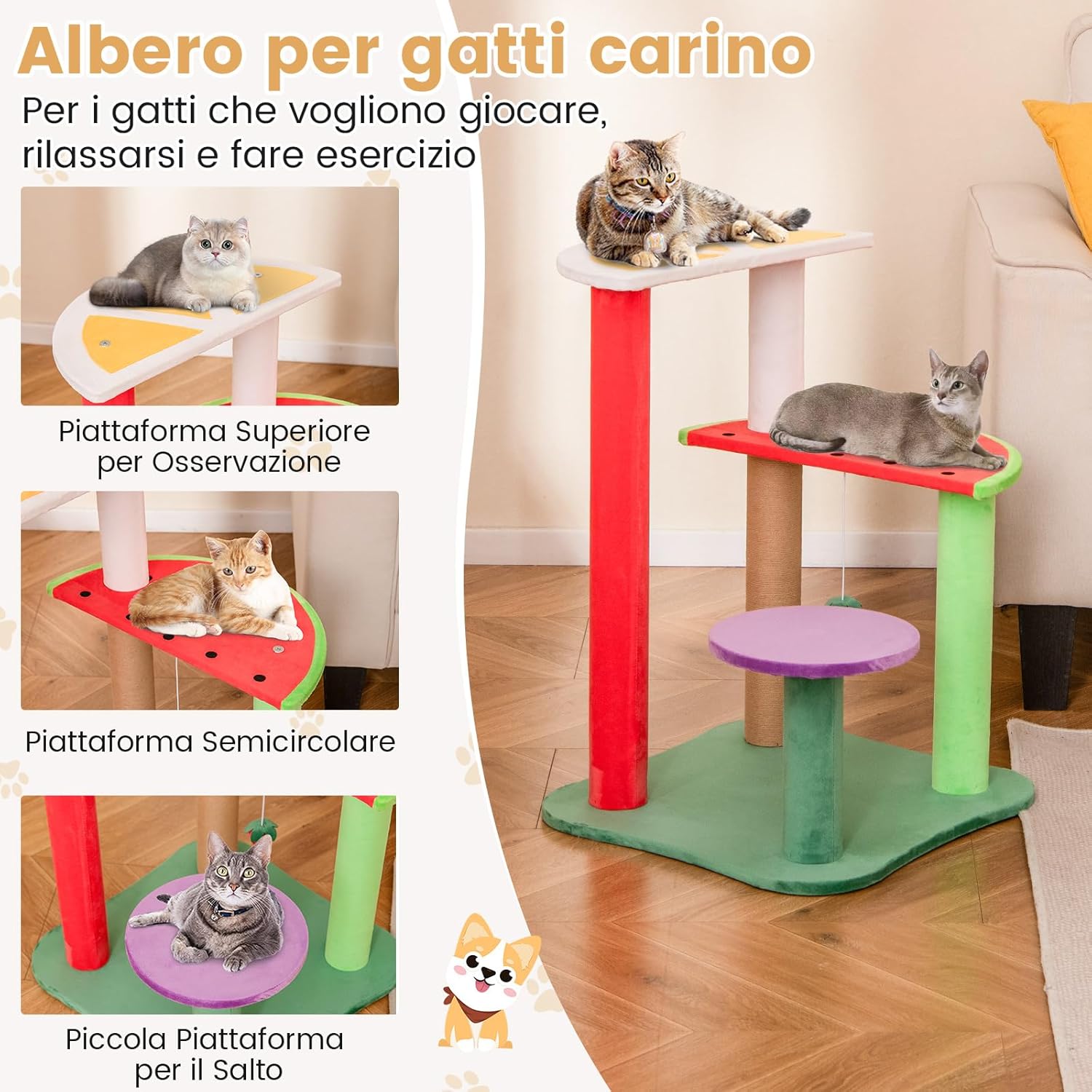 Tiragraffi per Gatti a Forma di Frutta, Albero Moderno per Animali Domestici Multilivello con Piattaforme, Palla di Fragola Pendente e Tiragraffi per Gatti