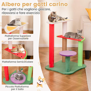 Tiragraffi per Gatti a Forma di Frutta, Albero Moderno per Animali Domestici Multilivello con Piattaforme, Palla di Fragola Pendente e Tiragraffi per Gatti