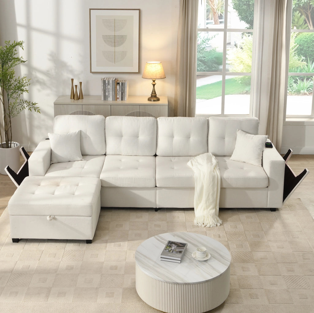 Divano angolare modulare 253x144,5x80,7 cm in lino beige con pouf contenitore –