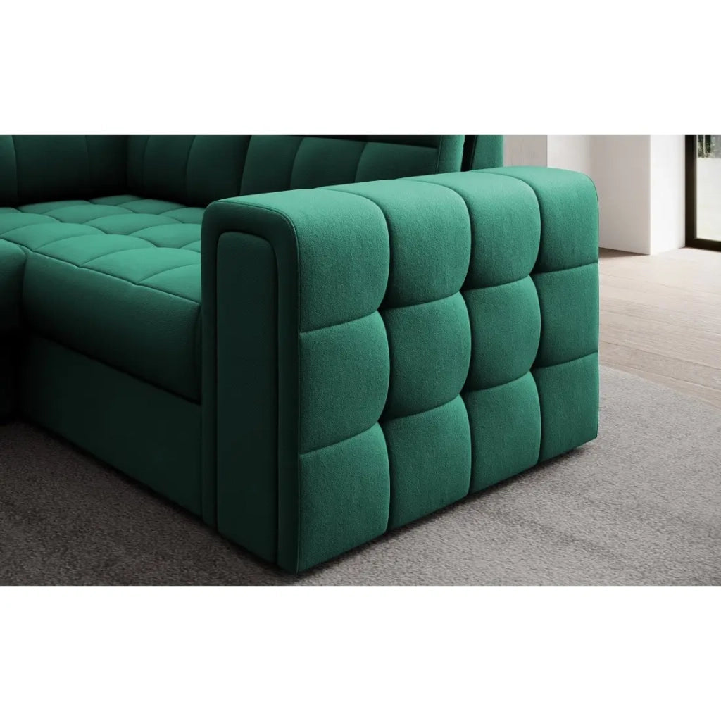 Divano ad angolo convertibile MONTEZA verde sinistro 299 cm con vano contenitore e letto