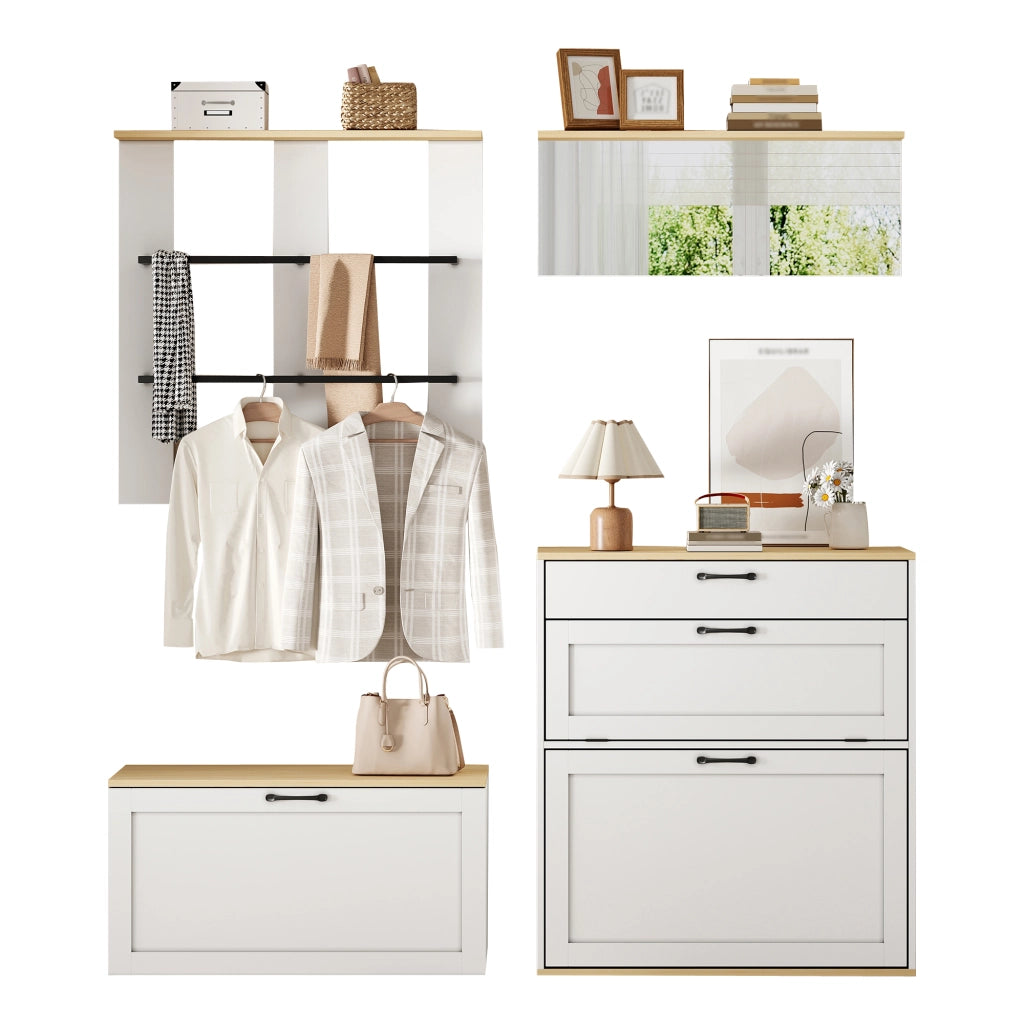 Set ingresso modulare con scarpiera, panca, specchio e appendiabiti, 156x36x176 cm, bianco e legno naturale