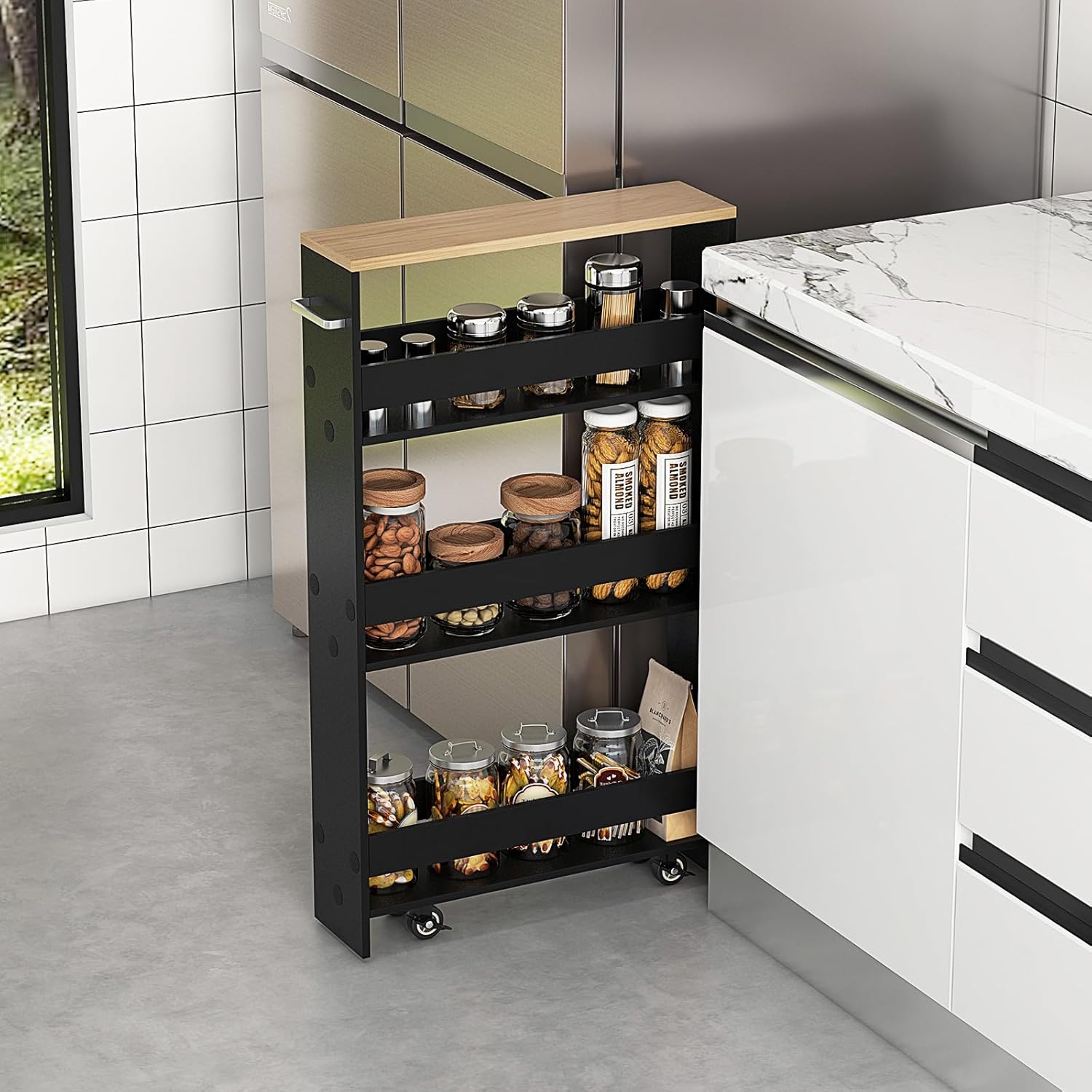 Carrello Portaoggetti da Cucina, Scaffale con Maniglia Laterale e Ruote, Carrello Salvaspazio con 3 Scaffali Stretti, 47,5x13x80,5 cm (Naturale+Nero)