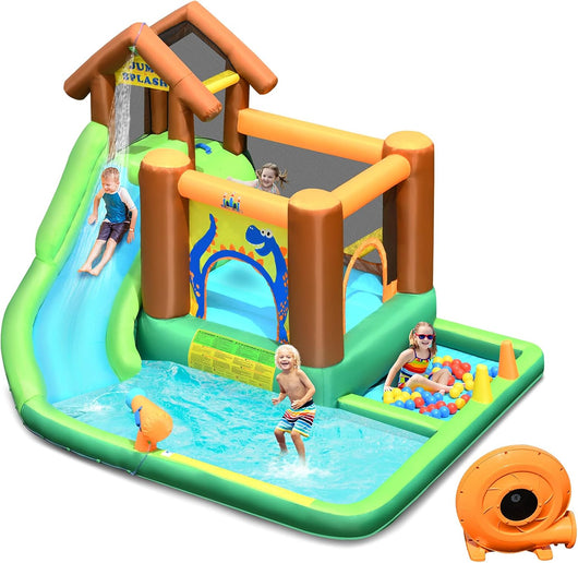 Castello Gonfiabile per Bambini, Parco Acquatico con Scivolo per Bambini, Piscina Trampolino e Palline, con Borsa da Trasporto, per 5 Bambini 3-10 Anni (con Compressore)