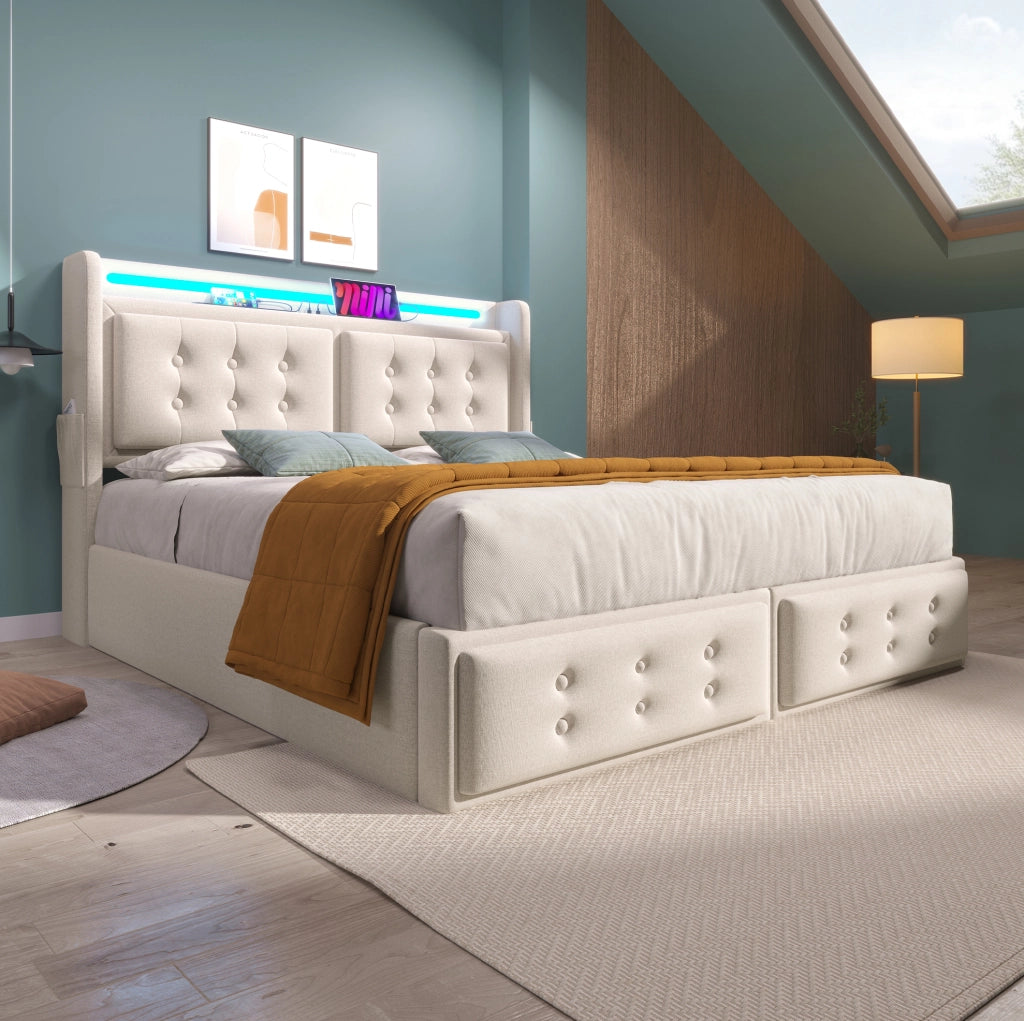 Letto 160x200 cm con contenitore, LED, prese USB e USB-C in cotone e lino beige