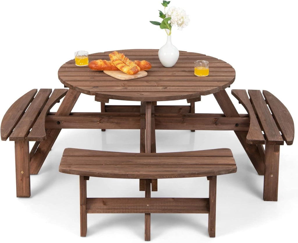 Set Tavolo da Giardino con 4 Panche Integrate, Legno Massiccio, con Foro Ombrellone, per 4-8 Persone, Tavolo Rotondo da Picnic per Esterno, Ogni Panca Porta 250 kg (Giallo, 179 x 179 x 70 cm)