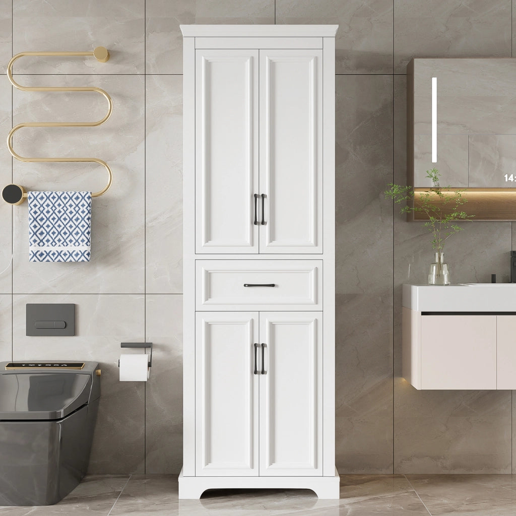 Mobile bagno alto 60x40x180 cm in MDF con ante doppie, cassetto centrale e ripiani regolabili, bianco