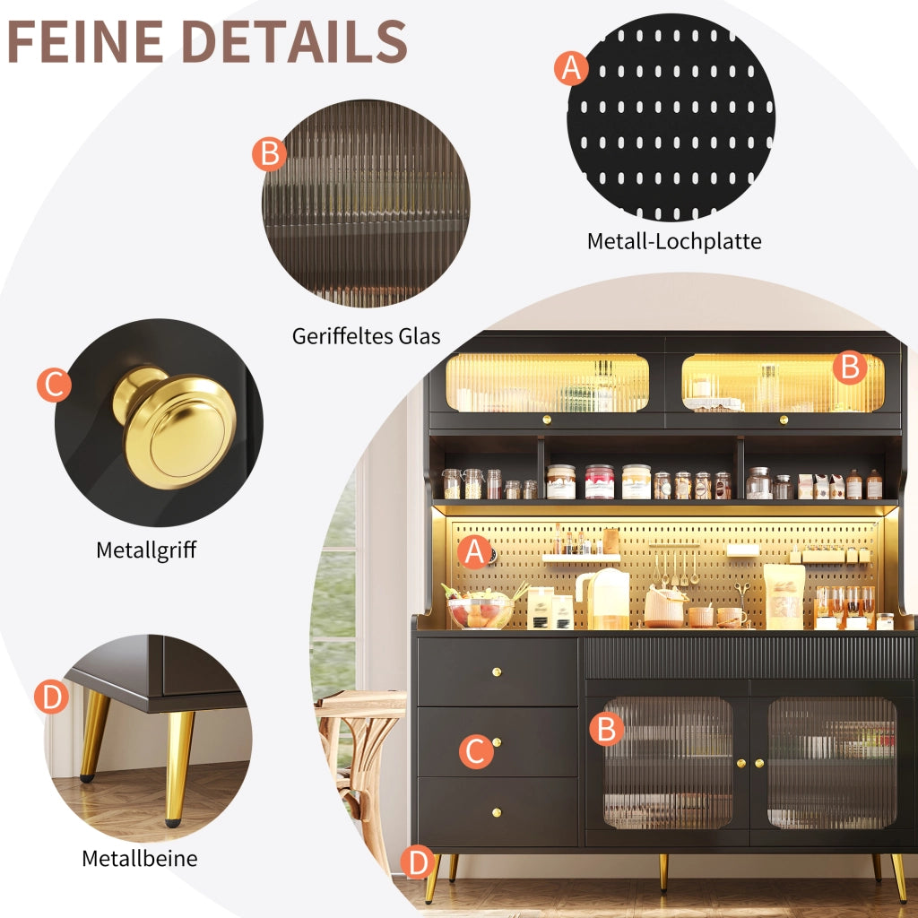 Credenza e madia alta con LED controllati tramite app e telecomando 1 cassetto in MDF e vetro nero 145 × 39 × 171 cm