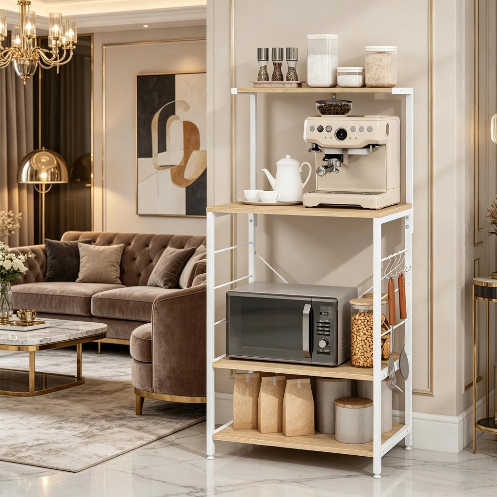 Scaffale da cucina multifunzione con 4 ripiani, struttura in acciaio e legno ingegnerizzato, bianco e rovere chiaro