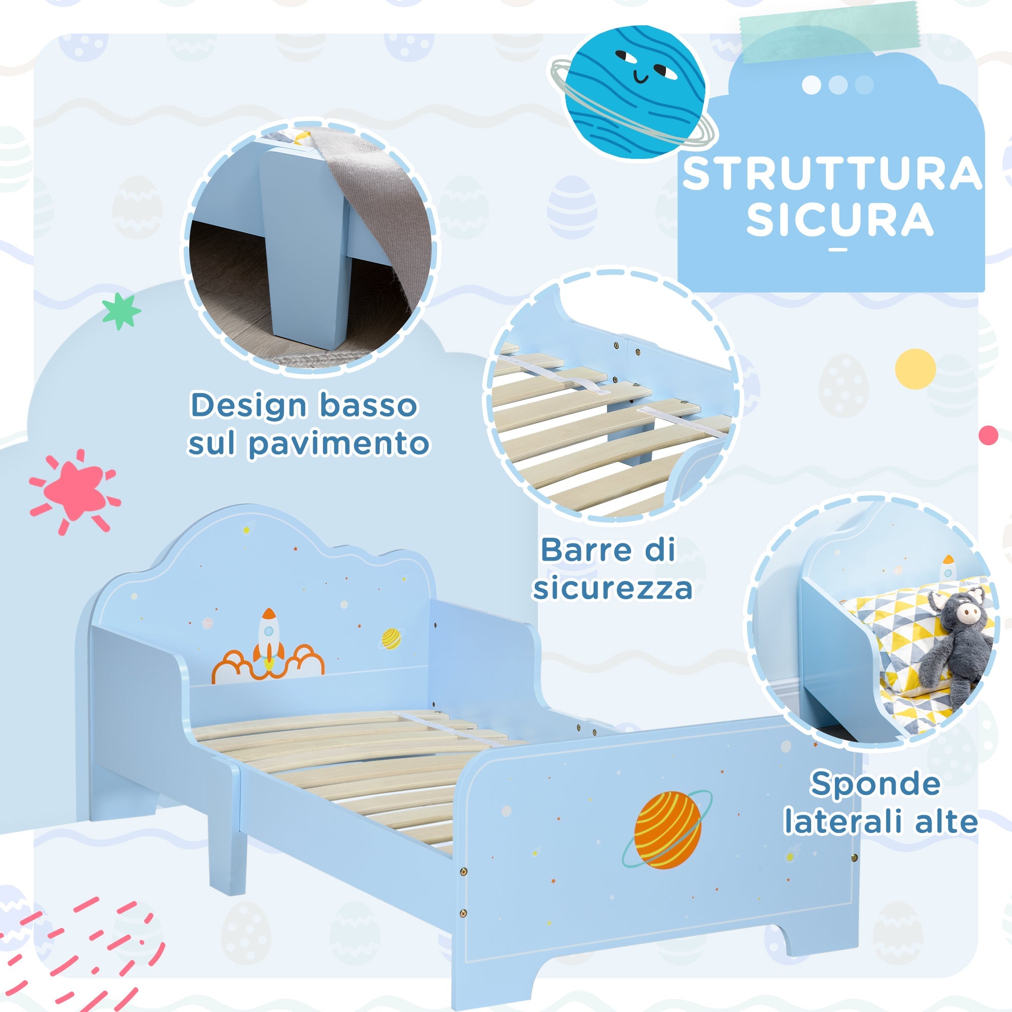 Letto per Bambini con Sponde 143x74x59 cm Fantasia Spaziale Azzurro