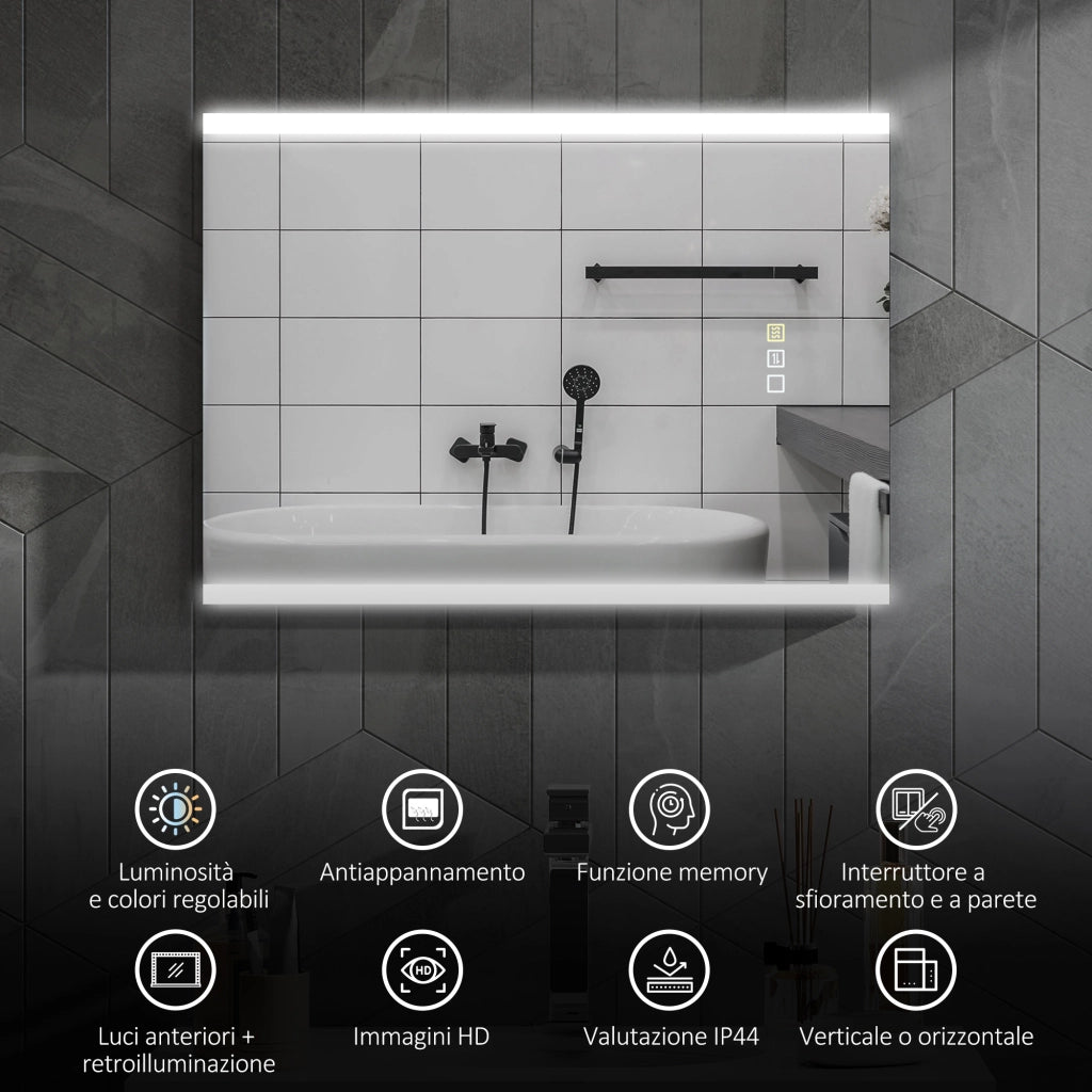 Specchio da Bagno con Luce LED ¨C Xylo ¨C Vetro Temperato, 70x50x3 cm, Argento
