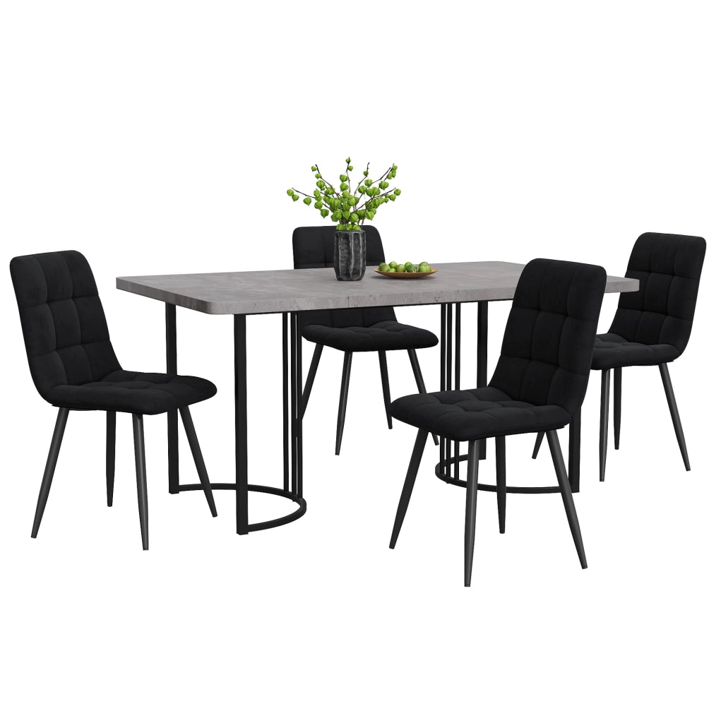 Set da pranzo 5 pezzi con tavolo 140x80 cm e 4 sedie in velluto grigio