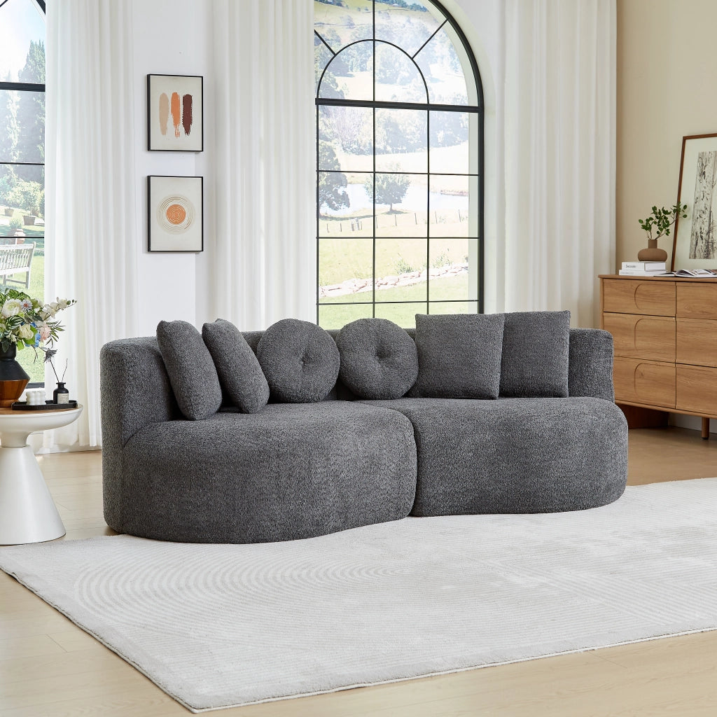 Divano modulare a 2 moduli in chenille senza braccioli con schienale ergonomico e 6 cuscini grigio antracite