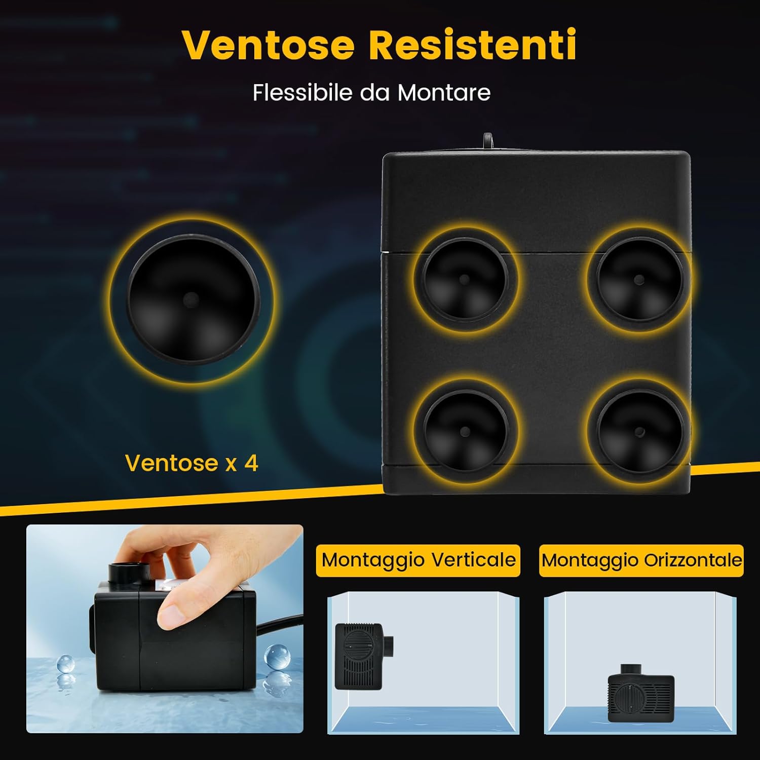 Pompa Sommergibile da 900L/H (22W)/1450L/H (30W), Pompa per Fontane con Sollevamento di 2,2/2,5 Metri, Cavo di Alimentazione da 1,83 Metri e 3 Ugelli per Acquari Idroponica Laghetto (1450L/H)