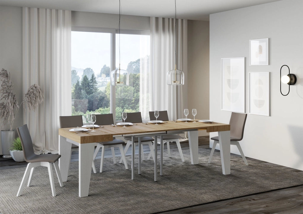 Tavolo Allungabile 90/246x90x77 cm Naxy Mix piano Quercia Natura gambe Bianco Frassino