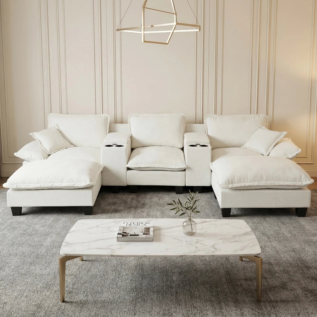 Divano modulare a U - con contenitore; USB e portabicchieri - in chenille - beige