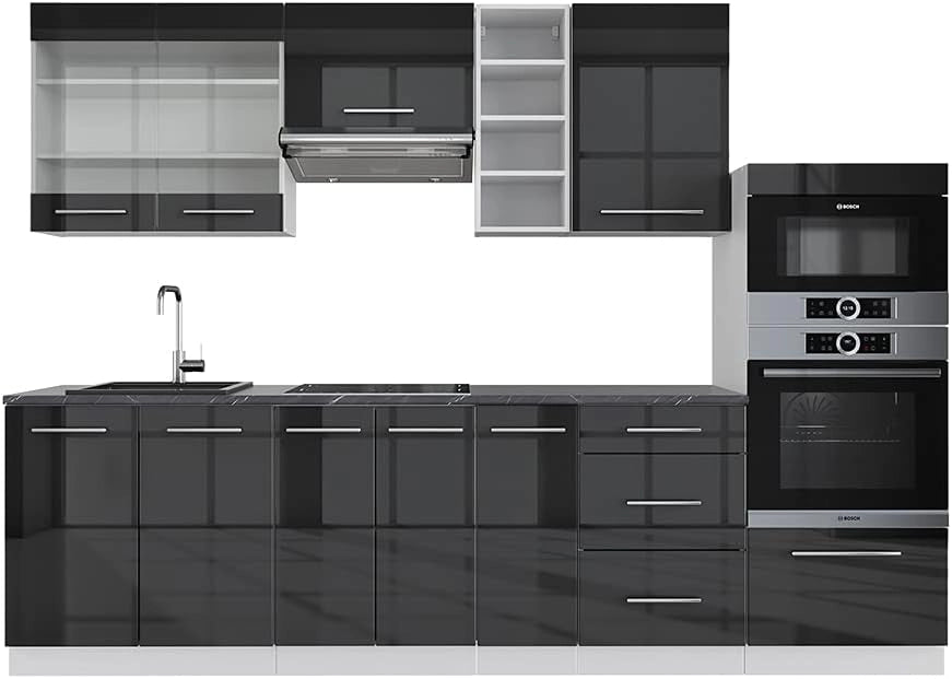 Cucina componibile Fame-Line, Antracite lucido/bianco, 280 cm senza piano di lavoro, per l'espansione personalizzata tramite moduli aggiuntivi compatibili