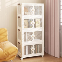 Scatole Immagazzinaggio Impilabili e Pieghevole con Ruote, Armadietto a 4 Ripiani con Ante e Coperchio, Contenitore Trasparente per Camera da Letto e Soggiorno, Bianco (59,5 x 35,5 x 130,5 cm)