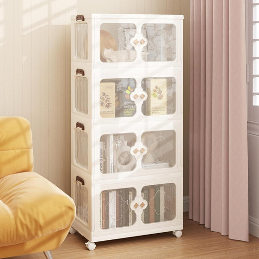 Scatole Immagazzinaggio Impilabili e Pieghevole con Ruote, Armadietto a 4 Ripiani con Ante e Coperchio, Contenitore Trasparente per Camera da Letto e Soggiorno, Bianco (59,5 x 35,5 x 130,5 cm)