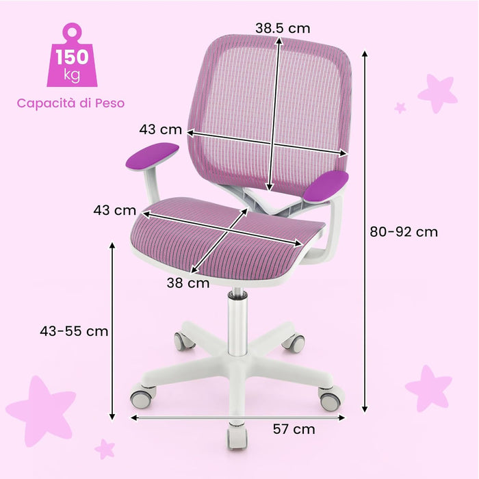 Sedia da Scrivania per Bambini, Sedia Girevole per Computer con Altezza Regolabile, Ruote con Freno, Braccioli Morbidi, Mobile Ergonomica per Bambini 6-15 Anni (Viola)