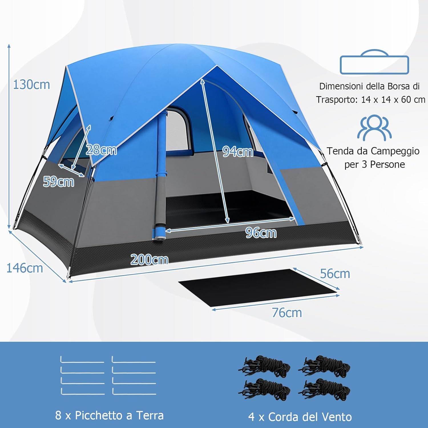 Tenda Campeggio per 2-3 Persone, Tenda a Cupola Ultraleggera, Impermeabile e Antivento, 4 Finestre a Rete, Tenda Zaino in Spalla per Escursionismo Campeggio All'aperto, Blu