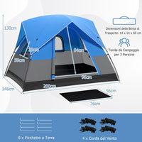 Tenda Campeggio per 2-3 Persone, Tenda a Cupola Ultraleggera, Impermeabile e Antivento, 4 Finestre a Rete, Tenda Zaino in Spalla per Escursionismo Campeggio All'aperto, Blu