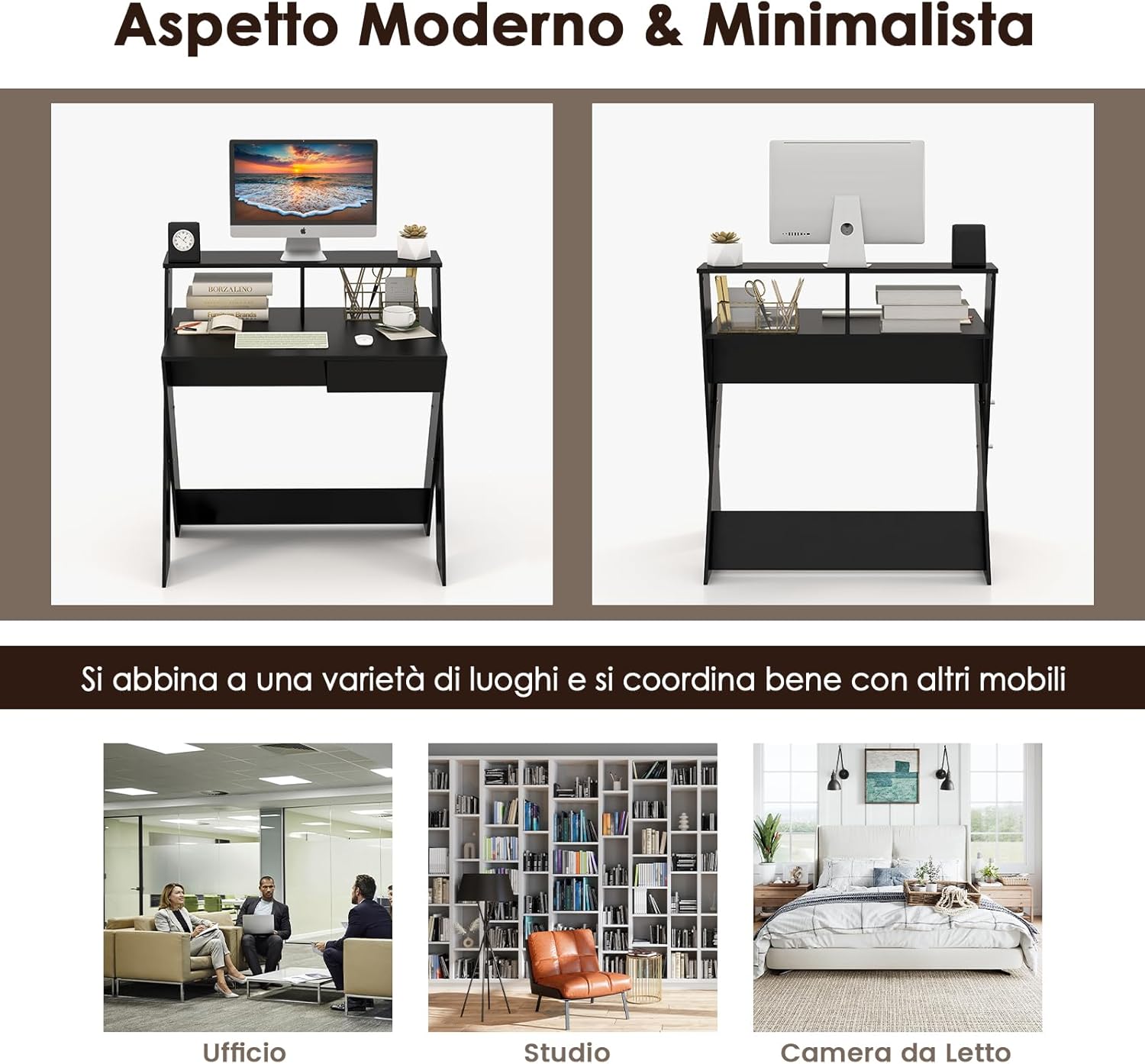 Scrivania per Computer in Legno, Scrivania con Cassetto, Portaoggetti e Supporto per Monitor, Poggiapiedi e Gambe a Forma di X, Ideale per Ufficio e Casa (Black)