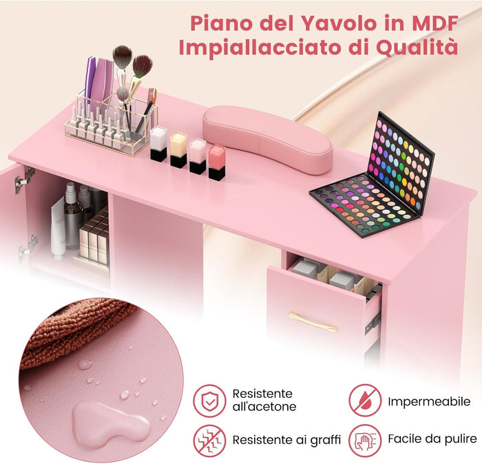 Tavolo per Manicure, Tavolo per Unghie con Cassetti, Cuscino Poggia Polsi e Gambe in Metallo, Stazione per Unghie Estetista Nail Art per Salone di Bellezza (Rosa)