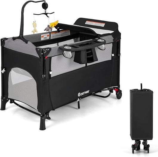 5 in 1 Lettino da Campeggio per Bambini, Lettino con Materasso per Neonato, Culla da Viaggio con Fasciatoio, Altezza Regolabile, Ruote con Freno, per Bambini 0-36 Mesi (Nero)