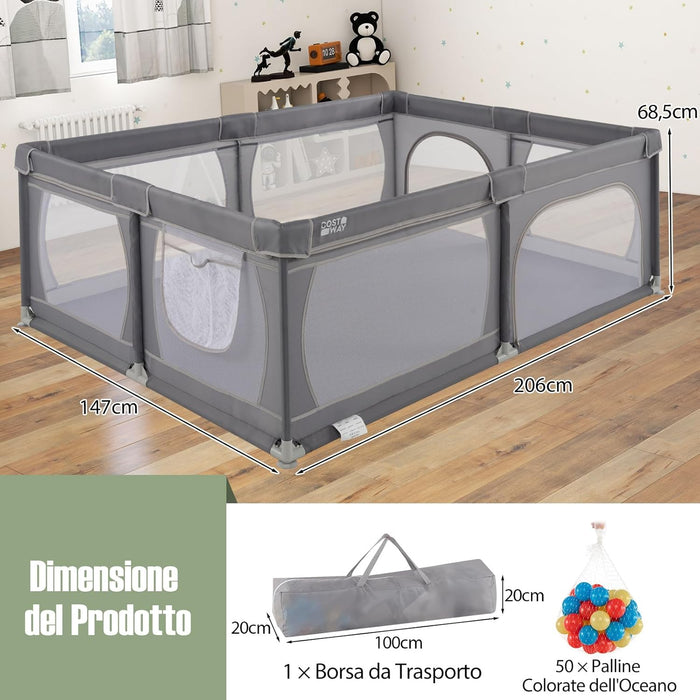 Recinto per Bambini, Box per Bambini con Rete Traspirante, Centro Attività per Bambini con 50 Palline, Box Giochi per Bambini 0-3 Anni (Grigio Scuro, 206 x 147 cm)