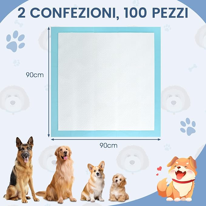 Tappetini Assorbenti per Cani, Tappetini da Interno ed Esterno per Animali Domestici a 6 Strati a Prova di Perdite, Asciugatura Rapida, Monouso per Urine, per Cagnolini (90 x 90 cm)