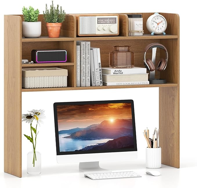 Libreria da Scrivania, Scaffale da Scrivania con 6 Ripiani in Legno, Scomparto Aperto per Monitor 32", Espositore per Dormitori Uffici Studio, 94 x 24 x 85 cm (Naturale)