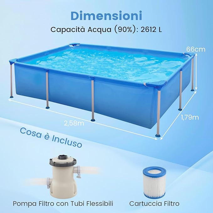 Piscina Fuori Terra, Piscina Rettangolare Grande con Pompa Filtro, Cartuccia e Struttura in Metallo, per Esterni per Bambini e Adulti, Capacità 2612 L, 258 x 179 x 66 cm