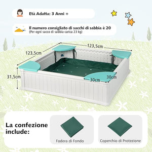 Sabbiera per Bambini, Sabbiera da Cortile con 4 Sedute Angolari e Copertura in Oxford, per Cortile Spiaggia Prato, 123,5 x 123,5 x 31,5 cm