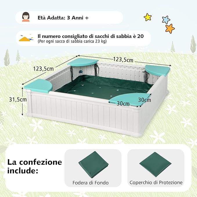 Sabbiera per Bambini, Sabbiera da Cortile con 4 Sedute Angolari e Copertura in Oxford, per Cortile Spiaggia Prato, 123,5 x 123,5 x 31,5 cm