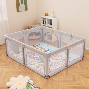 Box per Bambini con Materassino, Recinto per Bambini 189 x 158 cm con 4 Anelli e 50 Palline Colorate, Rete Traspirante, Tasca e Borsa, Box Giochi per Bambino 0-3 Anni (Grigio Chiaro)