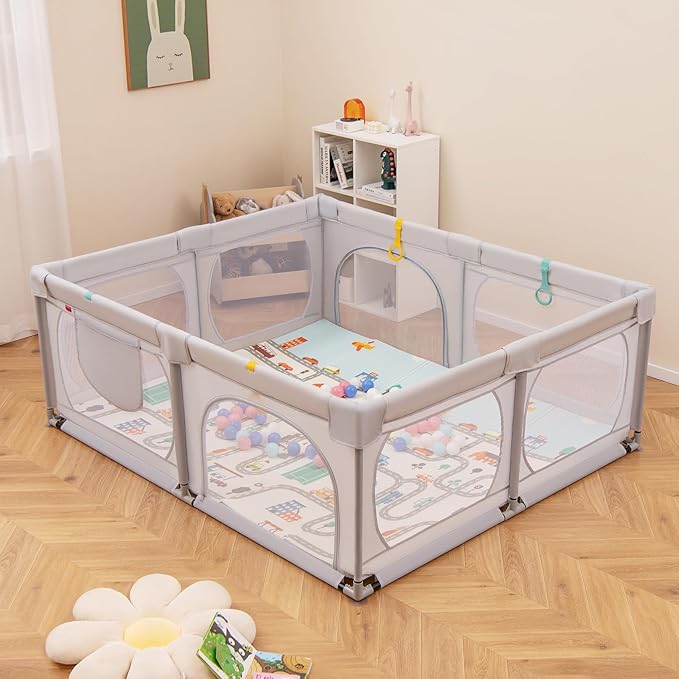 Box per Bambini con Materassino, Recinto per Bambini 189 x 158 cm con 4 Anelli e 50 Palline Colorate, Rete Traspirante, Tasca e Borsa, Box Giochi per Bambino 0-3 Anni (Grigio Chiaro)