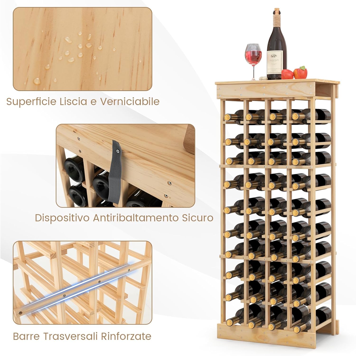 Portabottiglie di Vino, Scaffale per 40 Bottiglie di Vino in Legno di Pino, Cantinetta Porta Vino, 113 x 47 x 28 cm (Con Traversa)