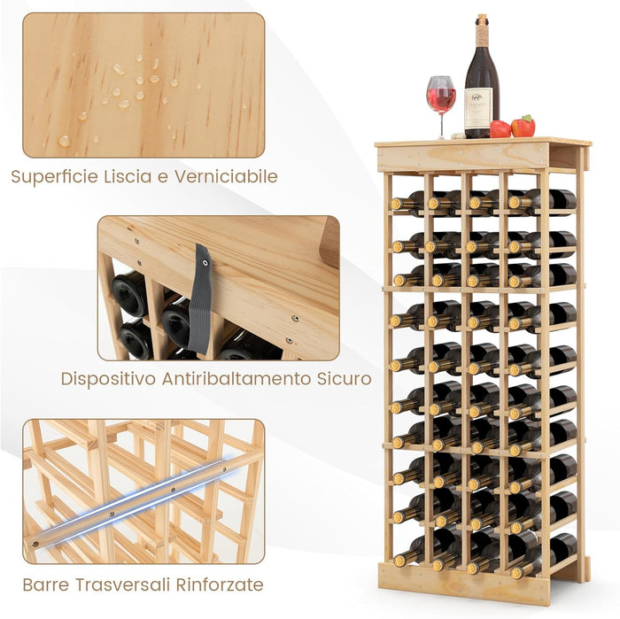 Portabottiglie di Vino, Scaffale per 40 Bottiglie di Vino in Legno di Pino, Cantinetta Porta Vino, 113 x 47 x 28 cm (Con Traversa)
