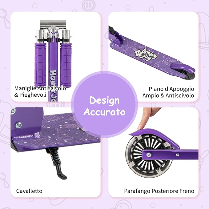 Monopattino per Bambini Pieghevole e Portatile, Monopattino a 2 Ruote con Manubrio Regolabile, Ruote Luminose a LED, Freno Posteriore e Tracolla, Ideale per Bambini e Bambine 3+