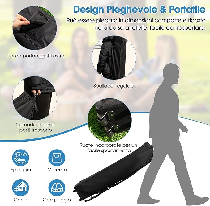 Gazebo Pop-up da Giardino 3 x 3 m, Tenda per Feste con Altezza Regolabile (237/255/246 cm), Gazebo Pieghevole da Esterno con Rete Impermeabile, per Campeggio, Giardino, Mercato (Blu)