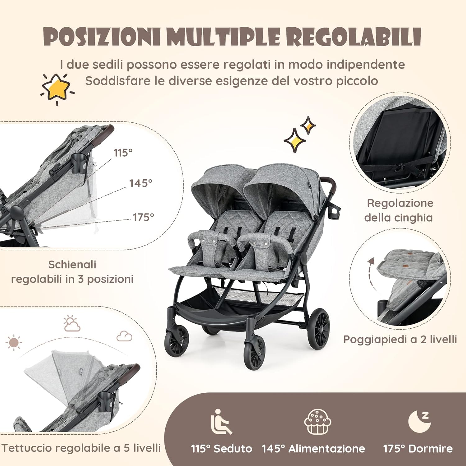 Passeggino Doppio Pieghevole per Bambini, Passeggino Portatile per Bambini con Schienale Regolabile, Cinture a 5 Punti, Poggiapiedi e Tettuccio, per Bambini 6-36 Mesi (Grigio Chiaro)