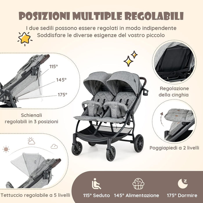 Passeggino Doppio Pieghevole per Bambini, Passeggino Portatile per Bambini con Schienale Regolabile, Cinture a 5 Punti, Poggiapiedi e Tettuccio, per Bambini 6-36 Mesi (Grigio Chiaro)